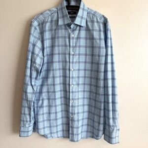 Hugo Boss Mens 15 1/2 Blue Plaid Full Button Dress Shirt Career Preppy Essential